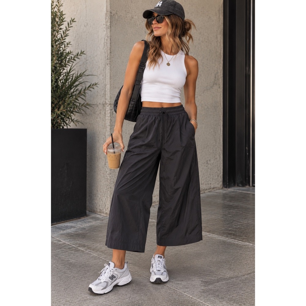 Uniqlo Women XL Dark Gray Nylon Wide Leg Elastic Waist Culotte Pants